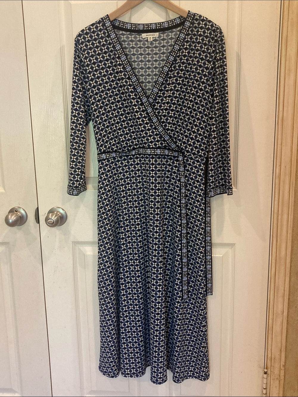 Max Studio Navy and White Geometric Wrap Midi Dress